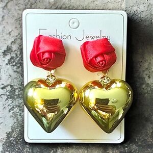 NWOT - Romantic Red Rose & Chunky Gold Heart Drop Statement Earrings